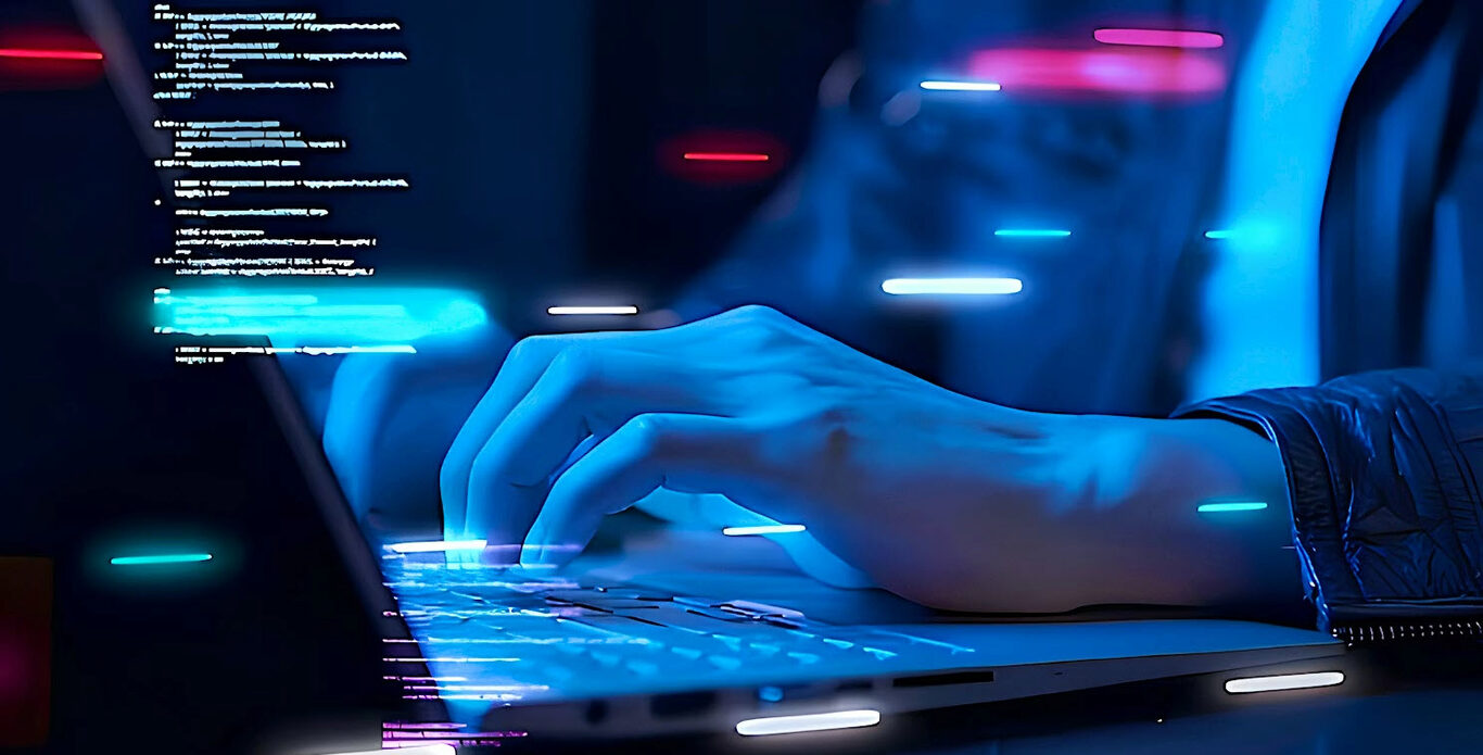 Hands typing on a laptop keyboard