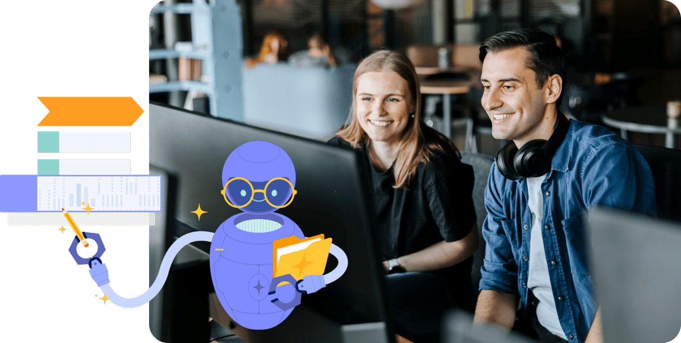 Photo of two people smiling and working at a computer with an illustration of a robot floating above