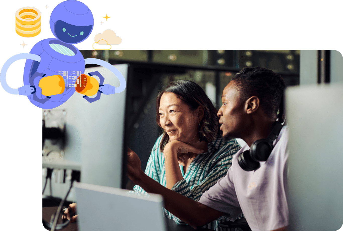 Man and woman sitting at computer in office with illustration of floating robot above