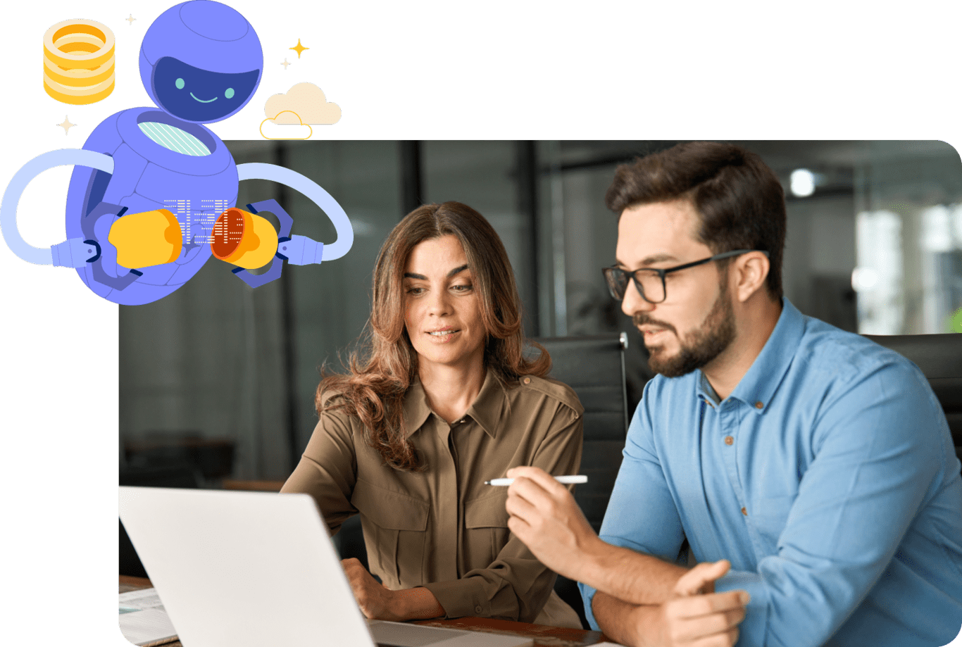 Stylized stock image of two coworkers at a laptop together with AI bot support