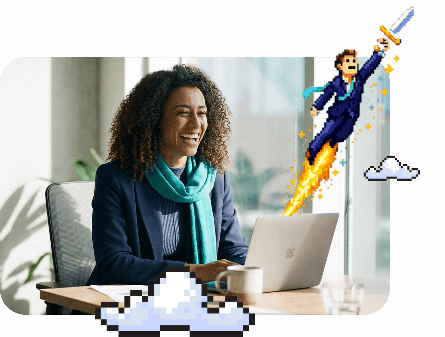 Stylized stock image of a woman on a laptop with an 8-bit pixel art of a man flying by with a sword