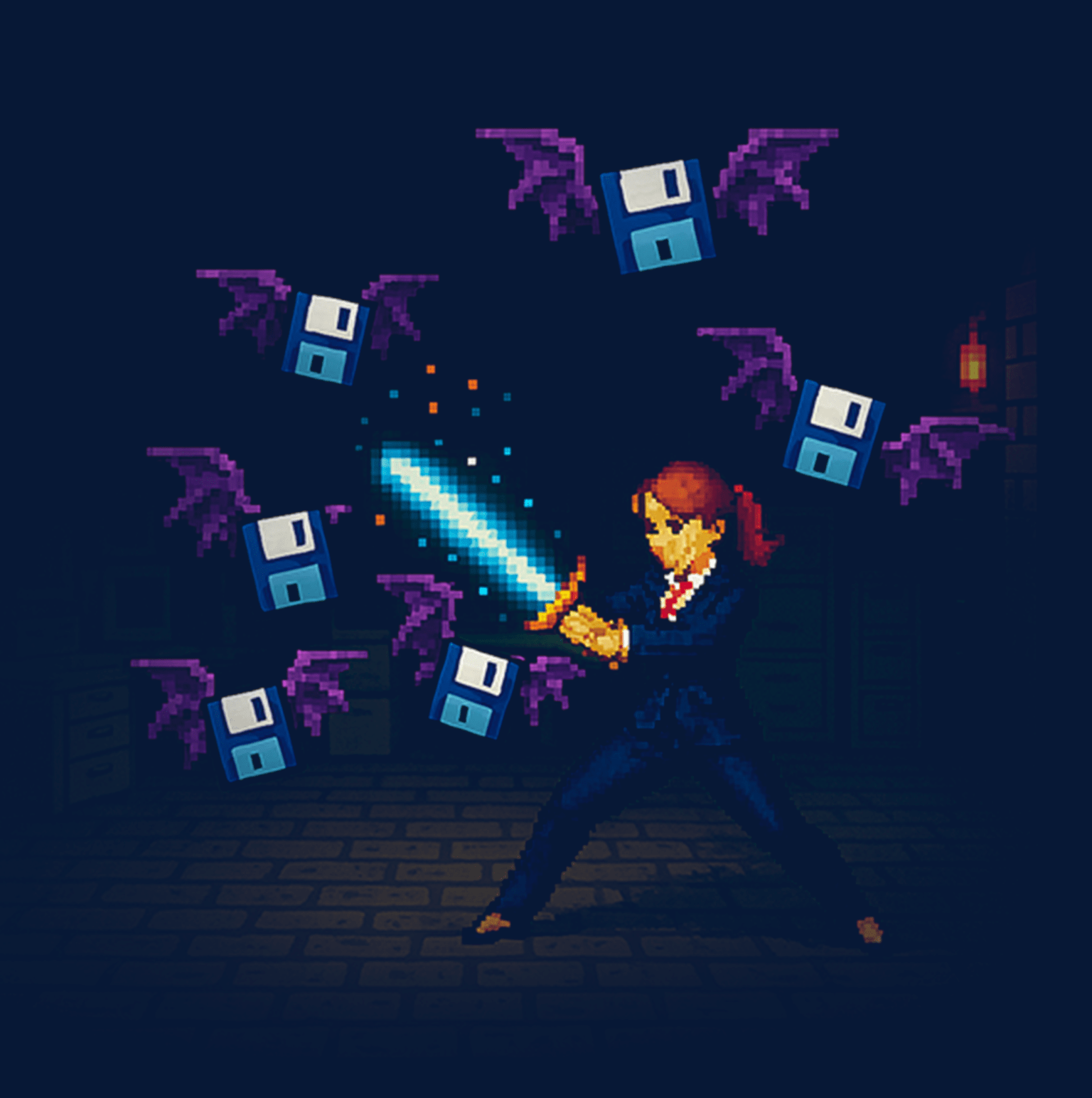 Pixel art of a woman with a magic sword fighting floppy disks with bat wings
