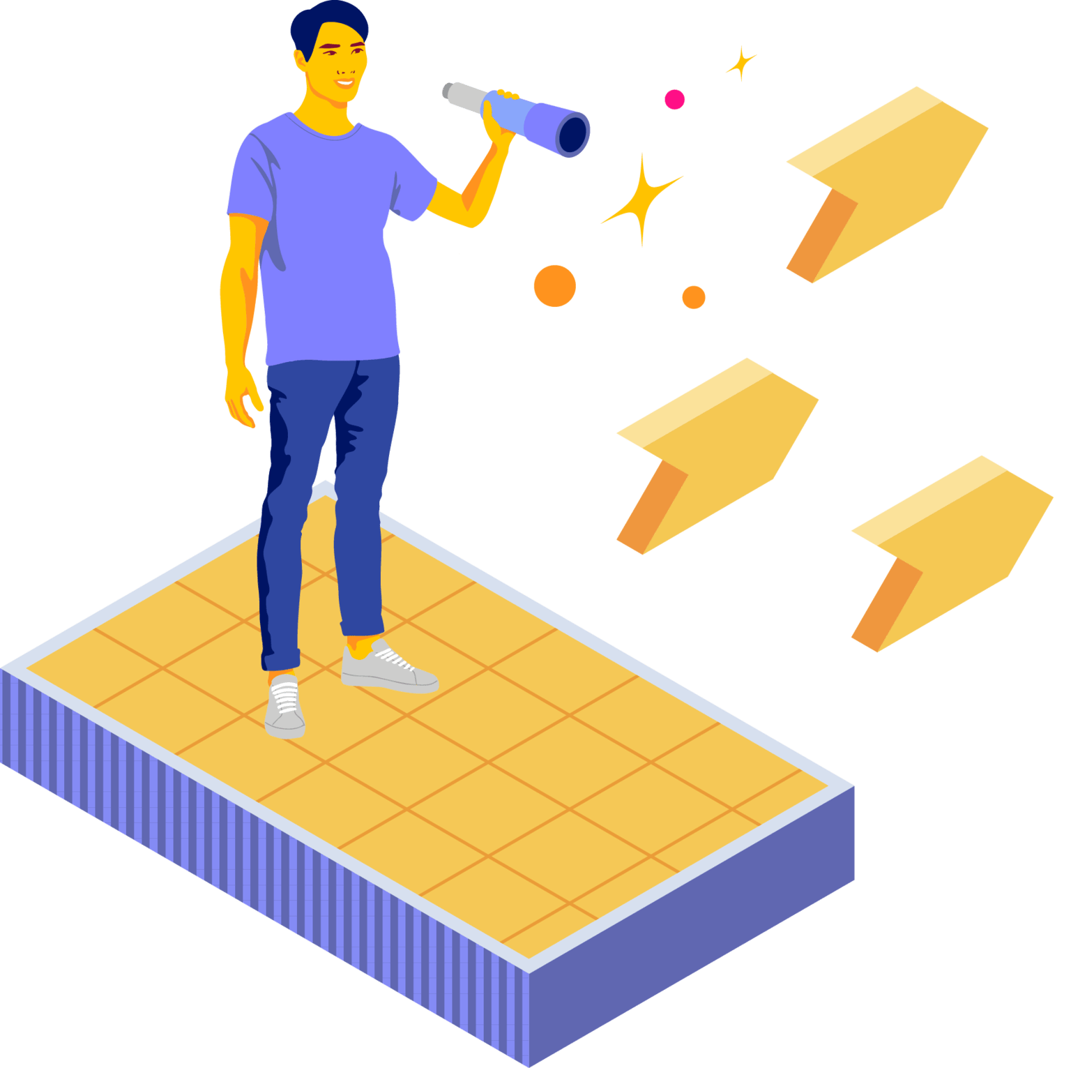 Illustration of a man standing on a floating tile and holding a telescope
