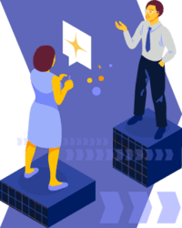 Illustration of two people at a conference speaking with each other