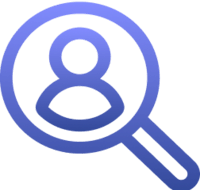 Purple icon of a magnifying glass over a person