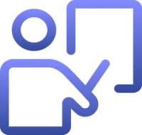 Purple icon of a person writing on a notepad