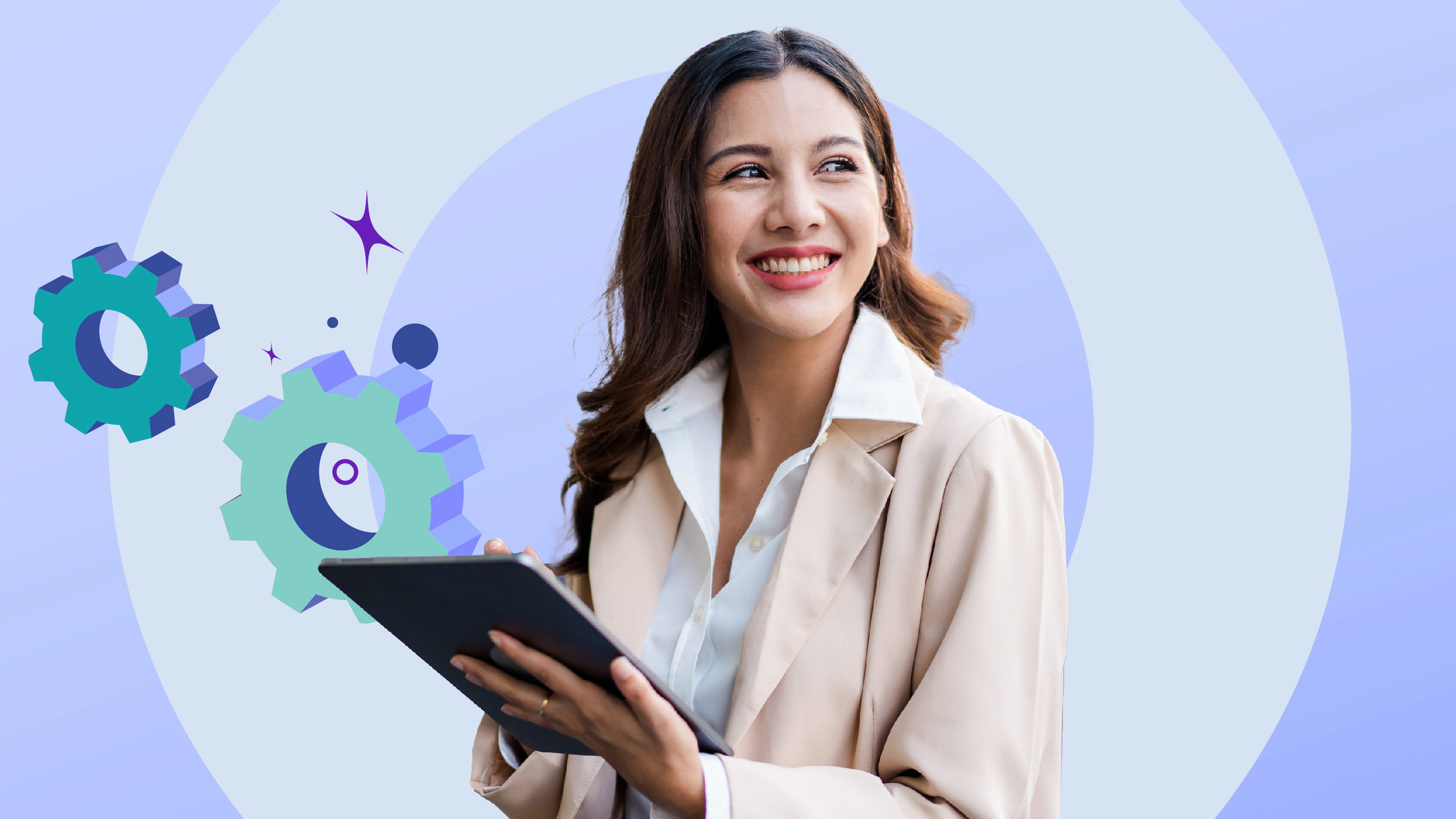 Stylized image of a woman holding a tablet while smiling with floating gear icons behind her.