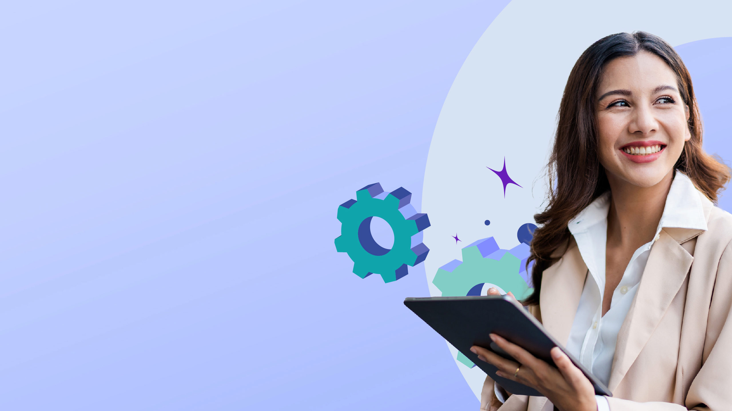 Stylized image of a woman holding a tablet while smiling with floating gear icons behind her.