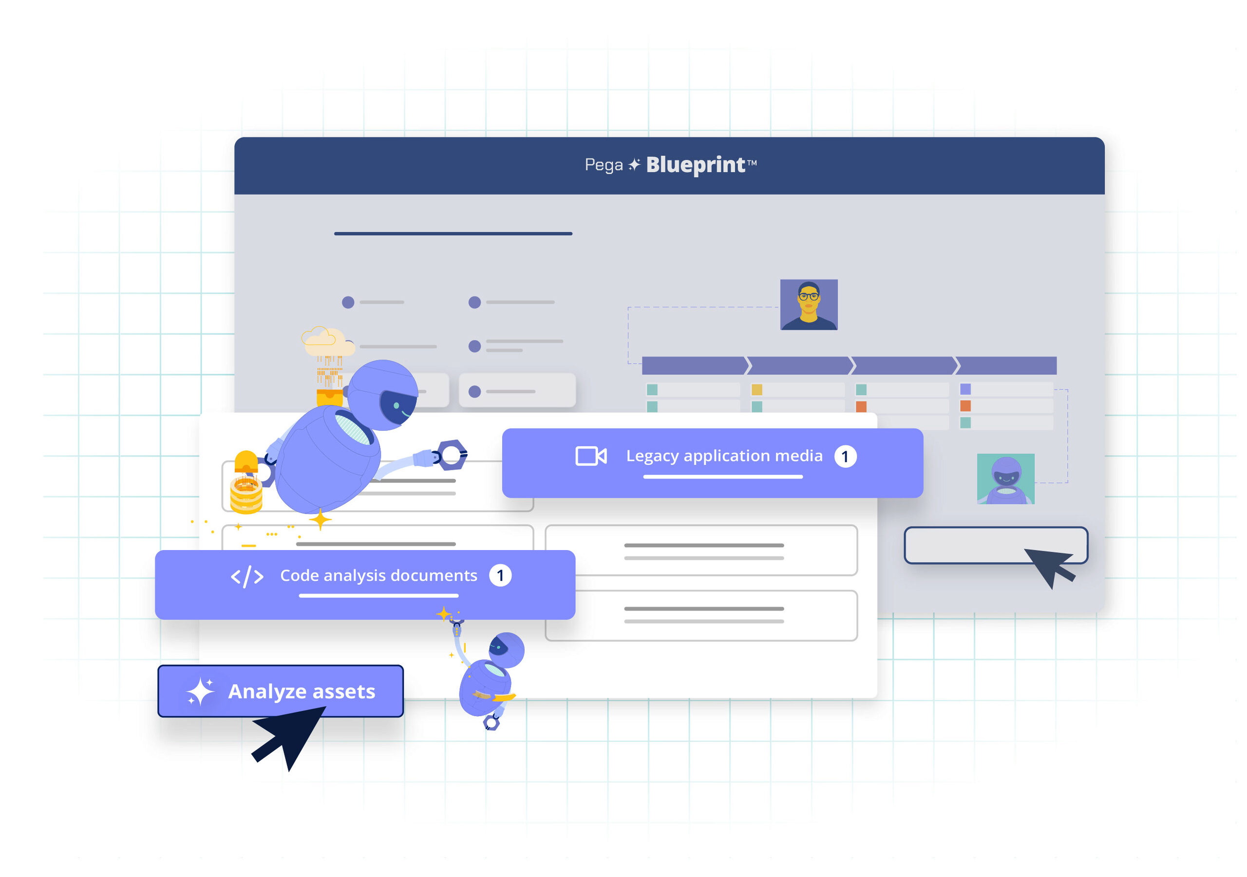 Illustration of robot hovering over screens with workflows on them