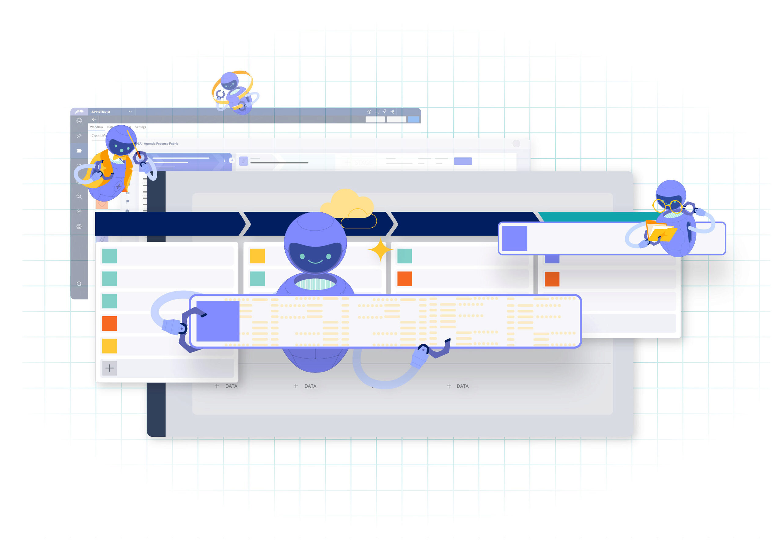 Illustrations of many robots holding different app screens