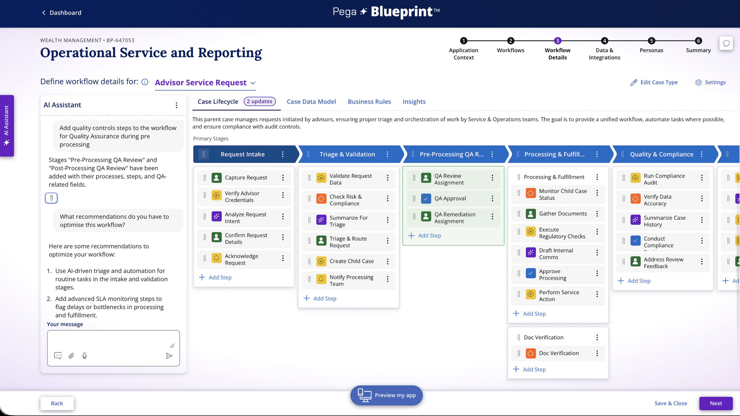 This screenshot shows how the new vibe coding assistant in Pega Blueprint seamlessly guides users through conversational language to build enterprise ready applications.