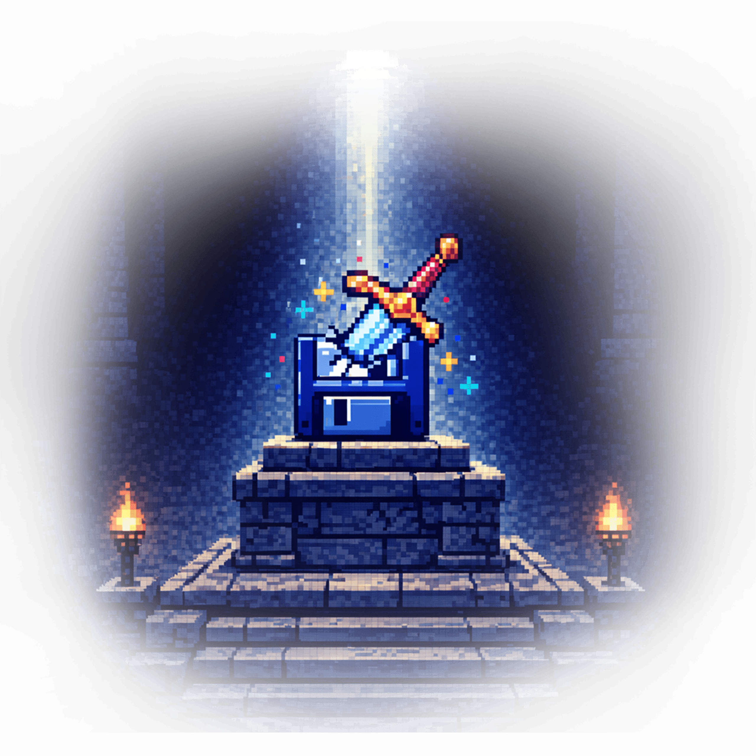 Pixel art of a sword embedded in a floppy disk