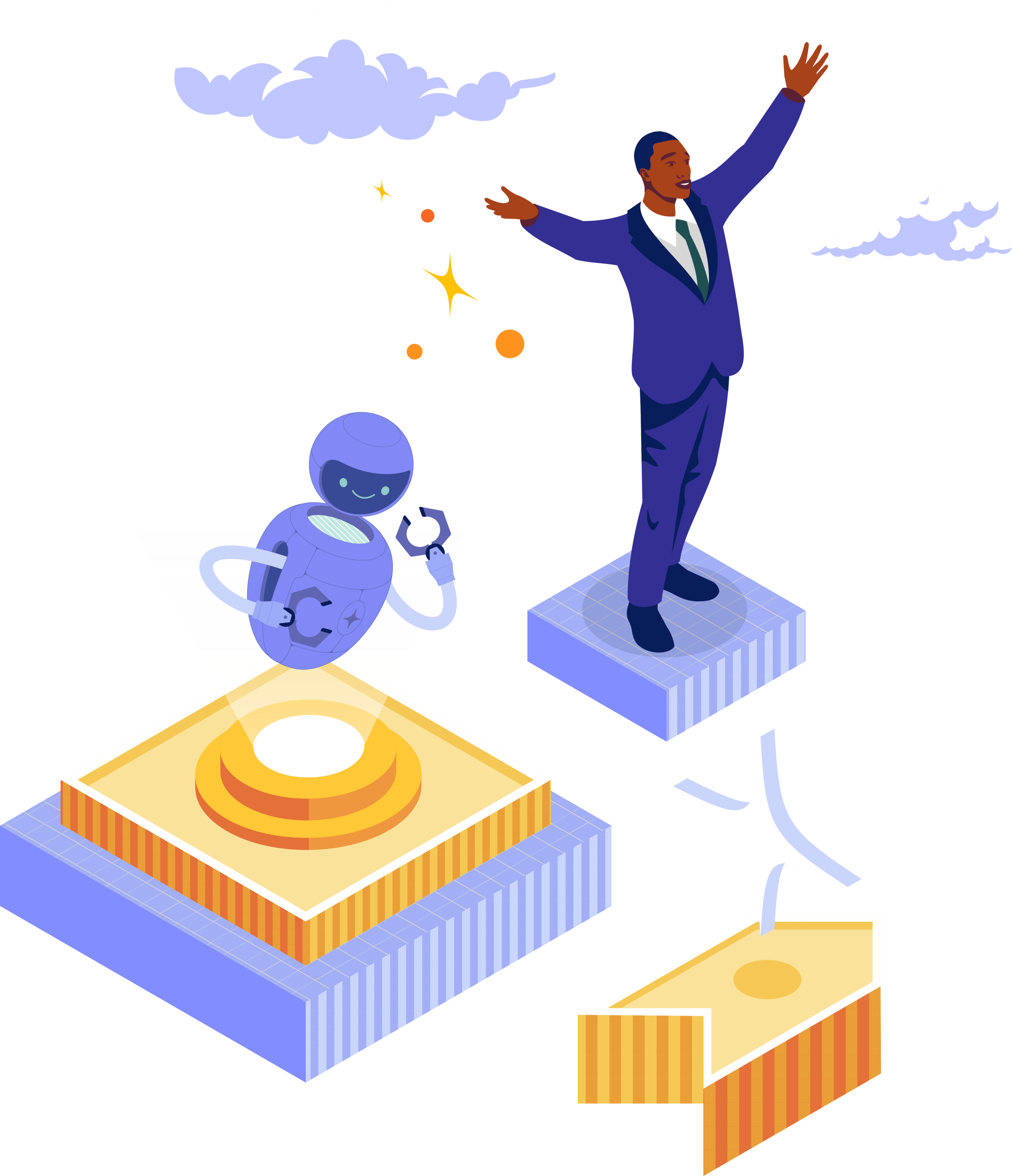 Illustration of man standing on floating block with arms outstretched, next to a robot also floating on a block