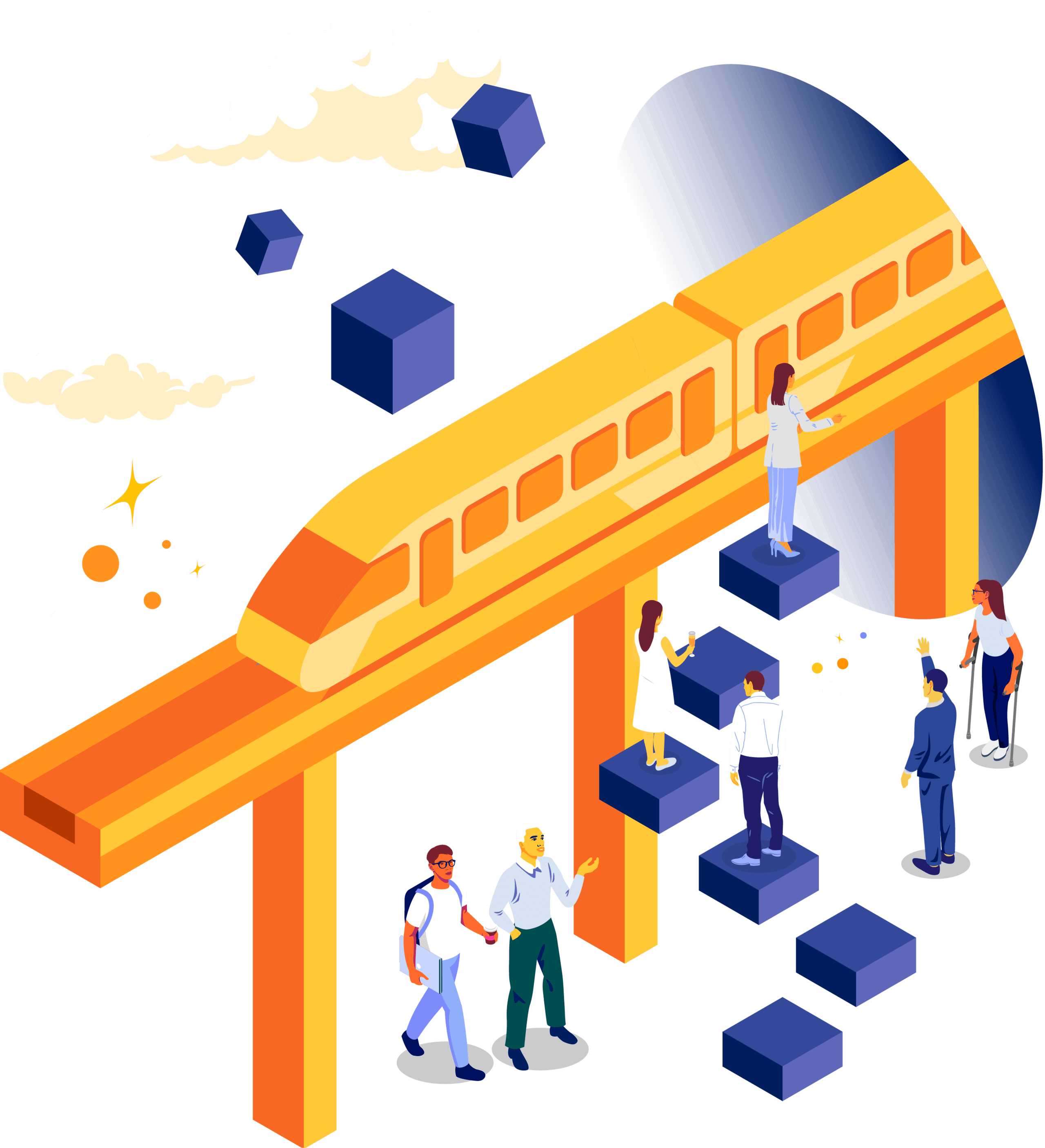 Illustration of conference attendees about to board a train