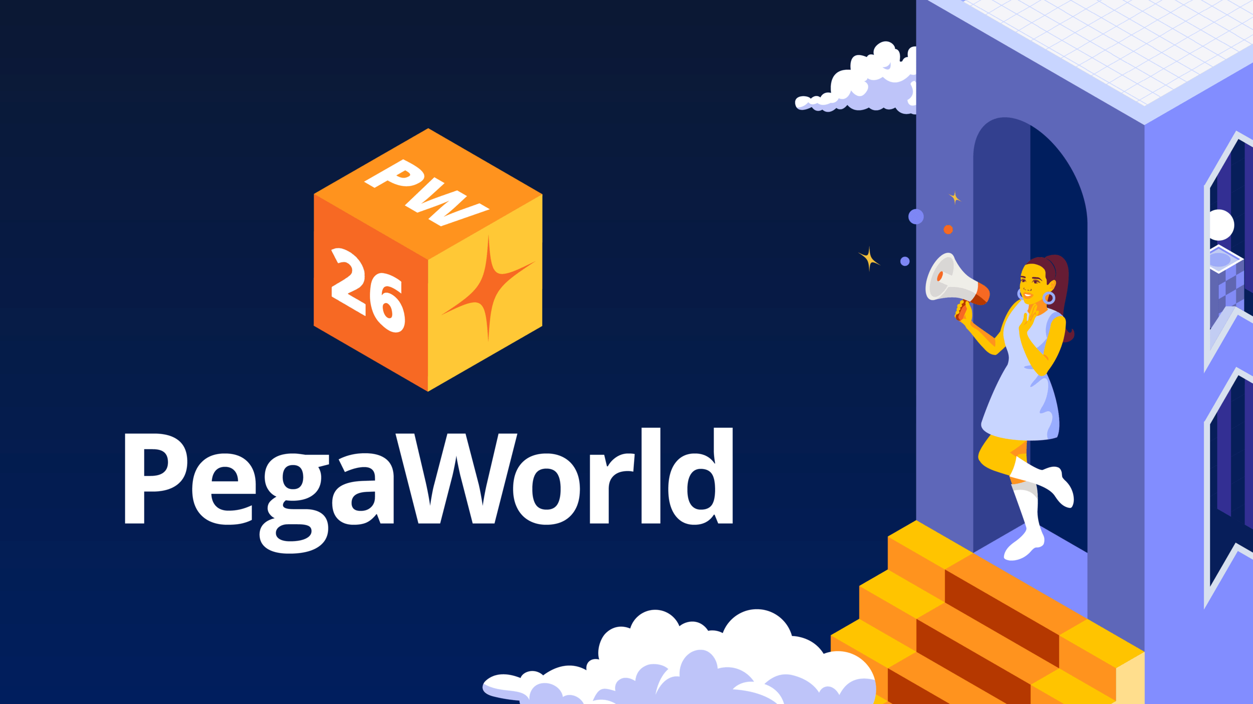 Illustration of a woman with a megaphone in one hand and the PegaWorld logo to the left