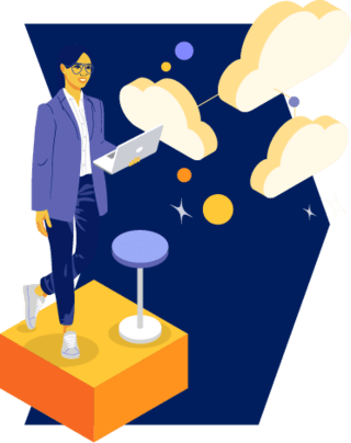 Stylized illustration of man standing on an orange block and holding a laptop