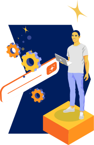 Stylized illustration of man standing on orange cub and holding a laptop