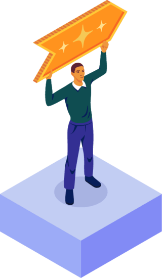 Man holding arrow pointing right