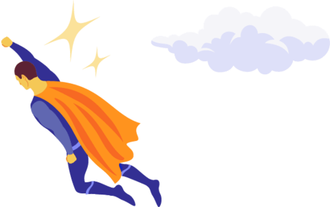 Illustration of a super hero flying through the air with a cloud to his right