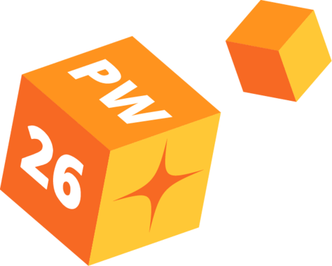 PegaWorld 2026 logo on floating orange cubes