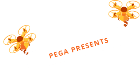 Illustration of drones holding banner that says "Pega presents"
