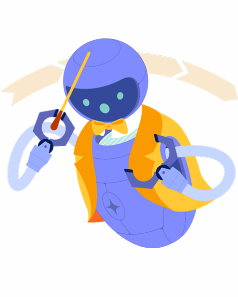Graphic art depicting an AI bot with a conductor's baton