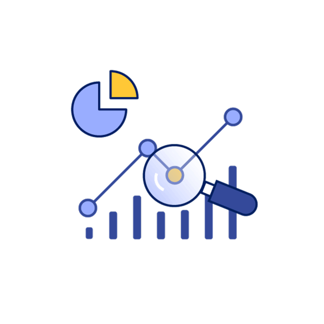 Icon showing a number of charts and a magnifying glass over them