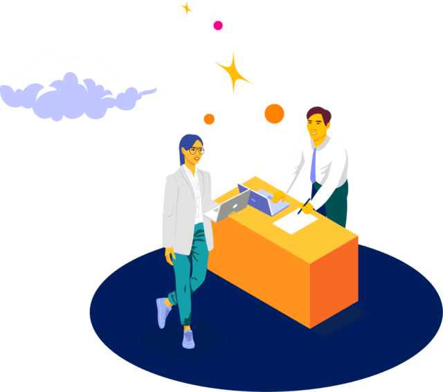 Illustration of person standing at a reception desk