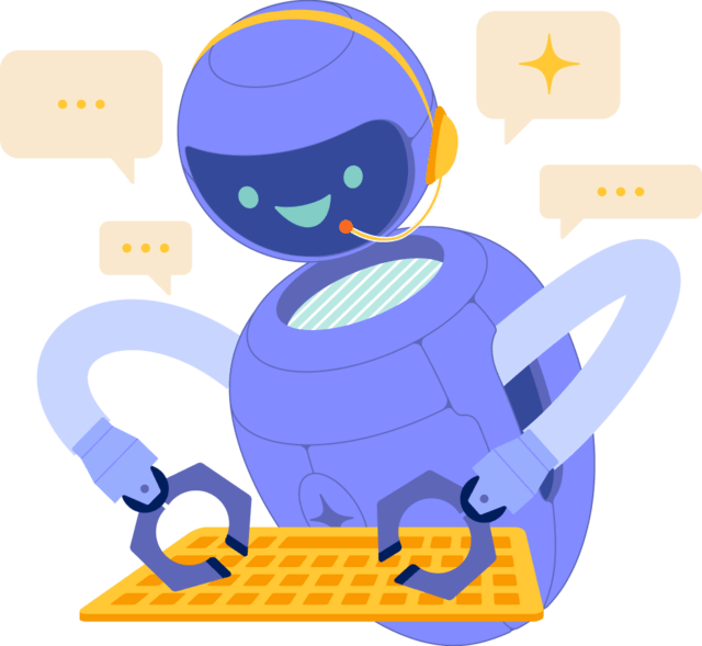 Graphic art depicting an AI bot assisting with customer service