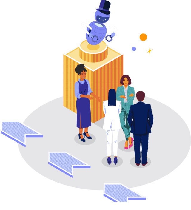 Illustration of a group of pillar at a conference with a robot on top of a pillar wearing a top hat