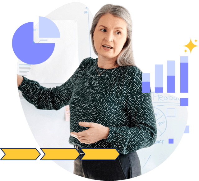 Stylized photo of woman giving a presentation with illustrations of charts and bar graphs surrounding her