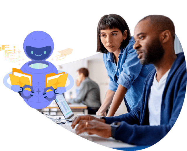 Stylized photo of man and woman looking at a computer screen with an illustration of a smiling robot floating above