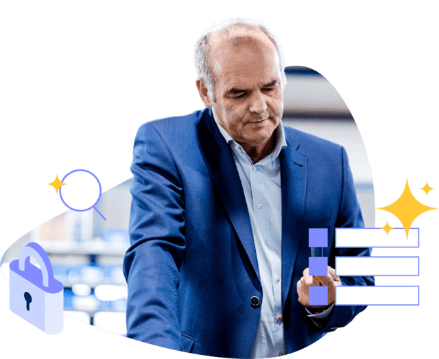 Stylized photo of a man looking down at desk with illustrations of a padlock and magnifying desk floating above