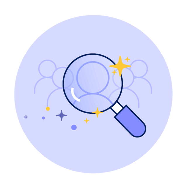 Graphic art of a magnifying glass hovering over a group of people