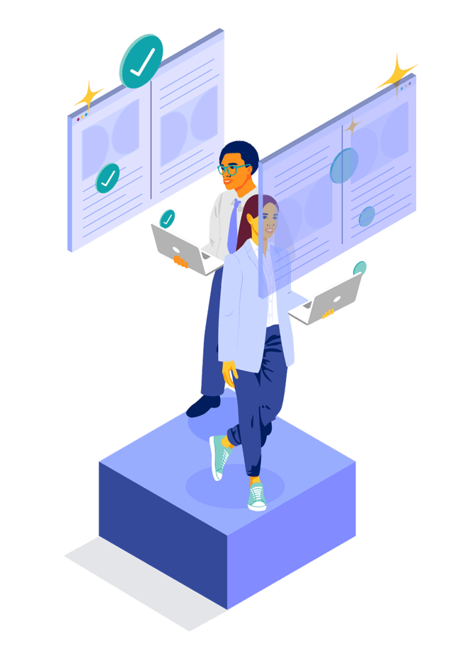 Graphic art depicting two designers working on their laptops