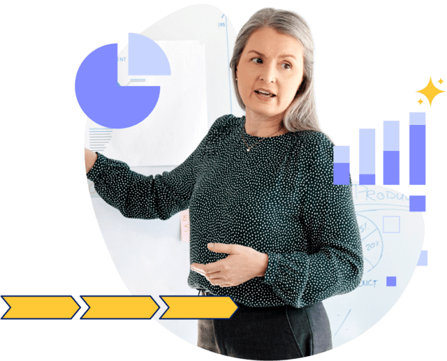Stylized photo of woman giving a presentation with illustrations of charts and bar graphs surrounding her