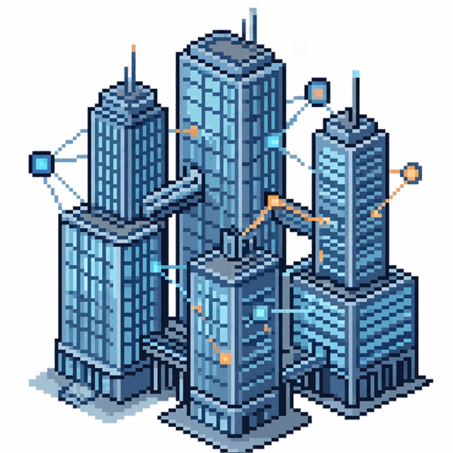 Pixel sprite image of skyscrapers connected by nodes