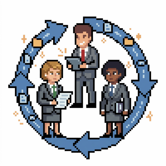 Pixel sprite image of a circle of arrows containing data surrounding three business people
