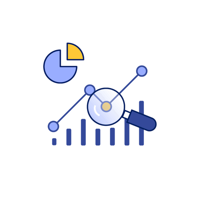 Graphic art of a magnifying glass over a number of graphs and charts