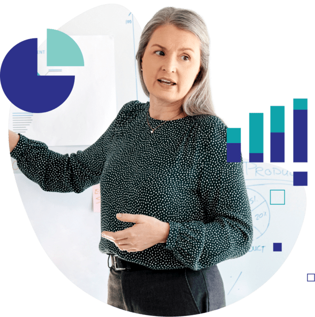 Stylized photo of woman giving a presentation with illustrations of bar graphs and charts