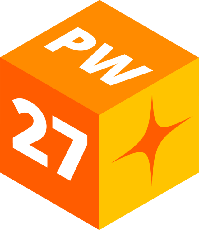 Orange cube with the text 'PW' and '27' on different sides