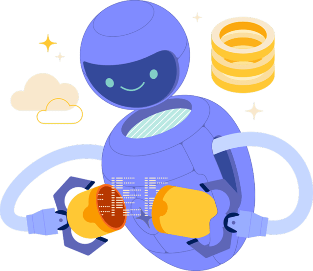 Illustration of happy robot opening a capsule of data