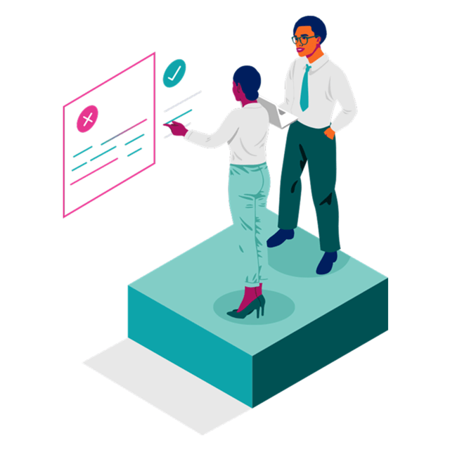 Illustration of two coworkers with data corrected on a floating screen