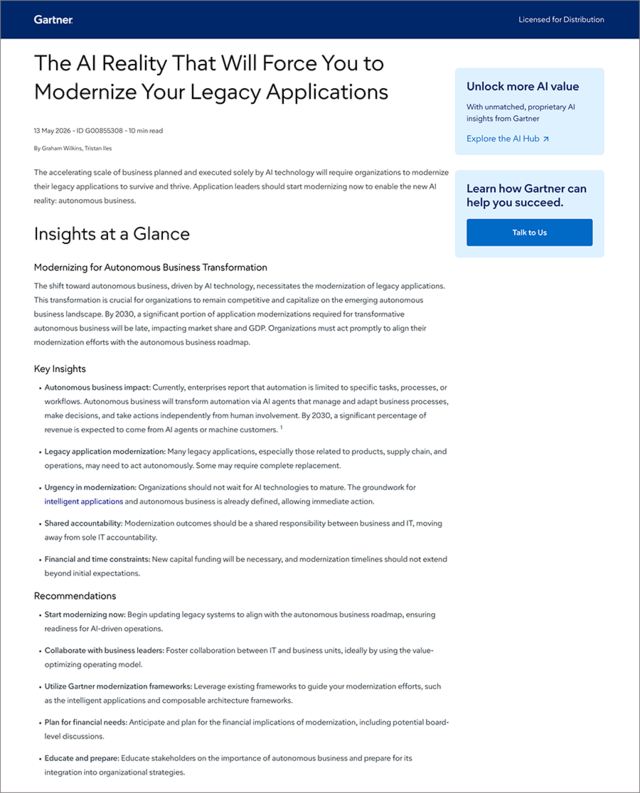 Cover of Gartner report: The AI reality that will force you to modernize your legacy applications