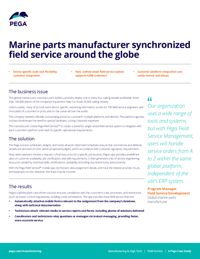 Marine parts manufacturer synchronized field service Pega